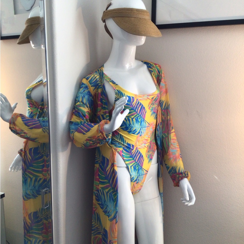 Vibrant Tropical Leaf Swimsuit with Matching Cover